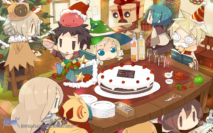 2boys, 5girls, :3, acolyte_(ragnarok_online), alchemist_(ragnarok_online), animal, animal_around_neck, armor