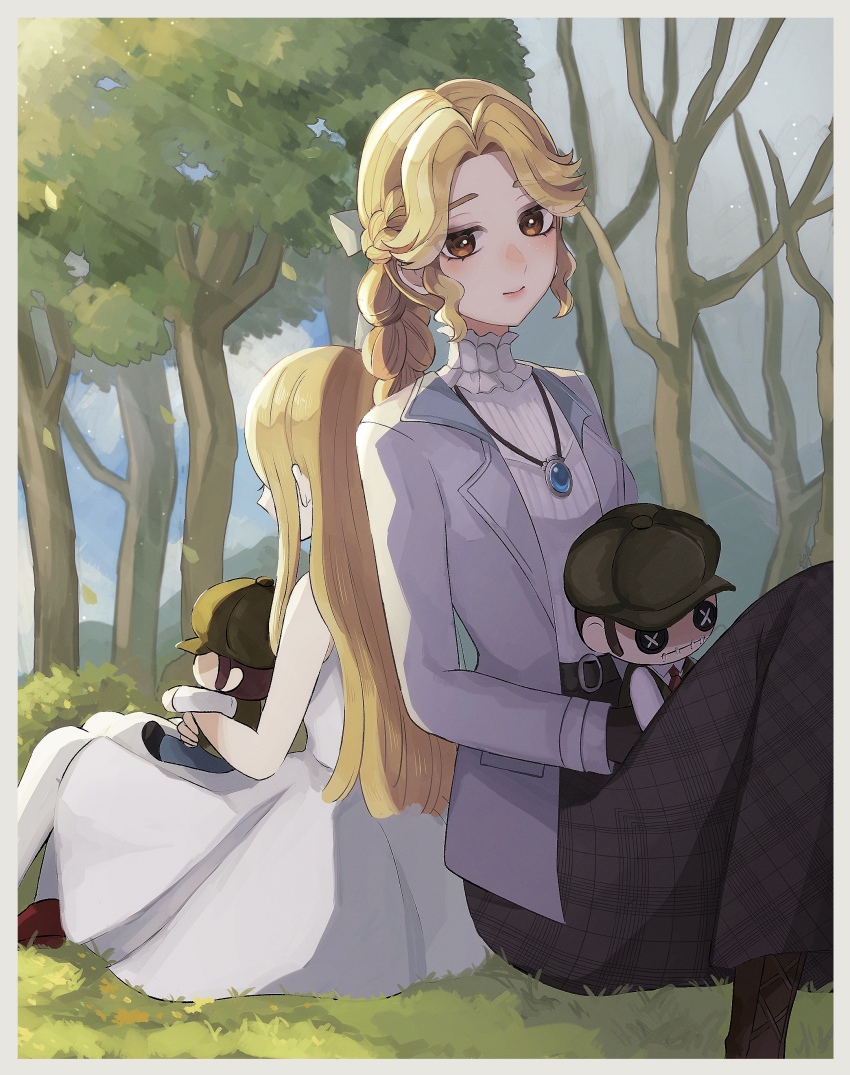 2girls, absurdres, alice_deross, back-to-back, bare_tree, blonde_hair, braid, braided_ponytail, brown_eyes, doll, dress, grey_shirt, highres, identity_v, jewelry, long_hair, multiple_girls, necklace, outdoors, shirt, sitting, tree, tsuki_idv, white_dress