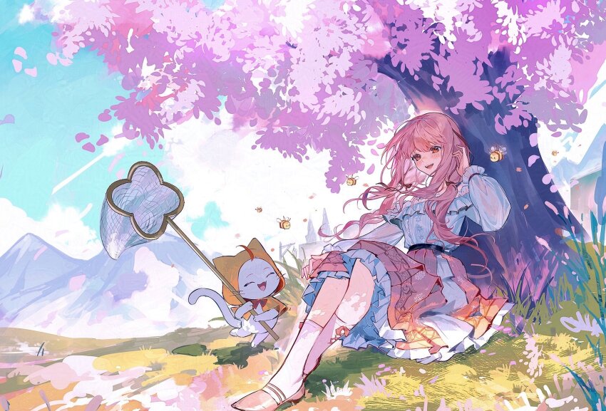 1girl, ^_^, against_tree, animal, ankle_socks, bee, belt, black_belt