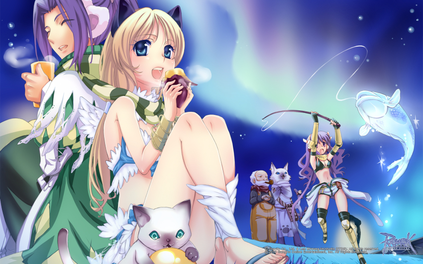 2girls, 3boys, alternate_color, animal_ears, armor, armored_boots, aurora, back-to-back, beard, bikini, bikini_top_only, black_bikini, black_gloves, black_shirt, blonde_hair, blue_eyes, blue_sky, boots, brown_pants, cat, cat_boy, cat_ears, cat_girl, cat_hand_staff, closed_eyes, closed_mouth, coat, colorpoint_(pattern), copyright_notice, cup, earmuffs, eating, elbow_gloves, facial_hair, feather_trim, fingerless_gloves, fish, fishing, fishing_rod, food, full_body, furry, furry_male, gloves, green_coat, green_scarf, guest_art, high_ponytail, highres, holding, holding_cup, jumpsuit, jumpsuit_around_waist, kawagoe_pochi, logo, long_hair, looking_afar, mechanic_(ragnarok_online), minstrel_(ragnarok_online), multiple_boys, multiple_girls, night, official_art, official_wallpaper, old, old_man, open_mouth, outdoors, pants, ponytail, purple_hair, ragnarok_online, roasted_sweet_potato, sandals, scarf, shared_clothes, shared_scarf, shirt, siamese_cat, sky, smile, striped_clothes, striped_scarf, suspenders, sweet_potato, swimsuit, tagma_basinio, vambraces, wanderer_(ragnarok_online), white_bikini, white_cat, white_jumpsuit, yellow_armor