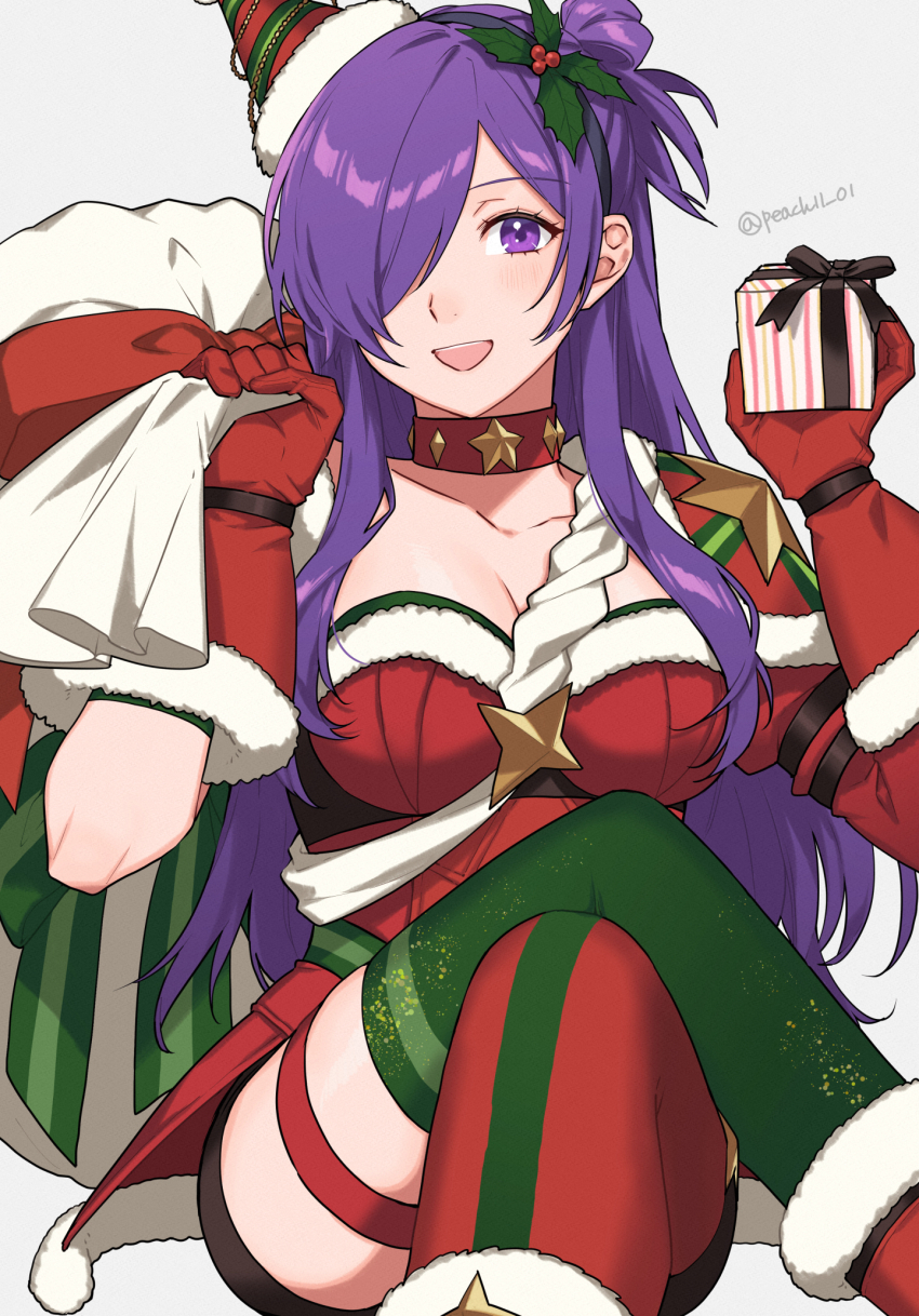 1girl, :d, asymmetrical_legwear, bag, box, breasts, choker, christmas, cleavage, collarbone, crossed_legs, dress, feet_out_of_frame, female_shez_(fire_emblem), female_shez_(snowfield_envoy)_(fire_emblem), fire_emblem, fire_emblem:_three_houses, fire_emblem_heroes, fire_emblem_warriors:_three_hopes, gift, gift_box, green_thighhighs, grey_background, hair_over_one_eye, hands_up, highres, holding, holding_bag, holding_box, large_breasts, long_hair, looking_at_viewer, mismatched_legwear, nintendo, official_alternate_costume, open_mouth, purple_eyes, purple_hair, red_choker, red_dress, red_thighhighs, santa_costume, shamu_(peach11_01), simple_background, sitting, smile, solo, thigh_strap, thighhighs, thighs, very_long_hair