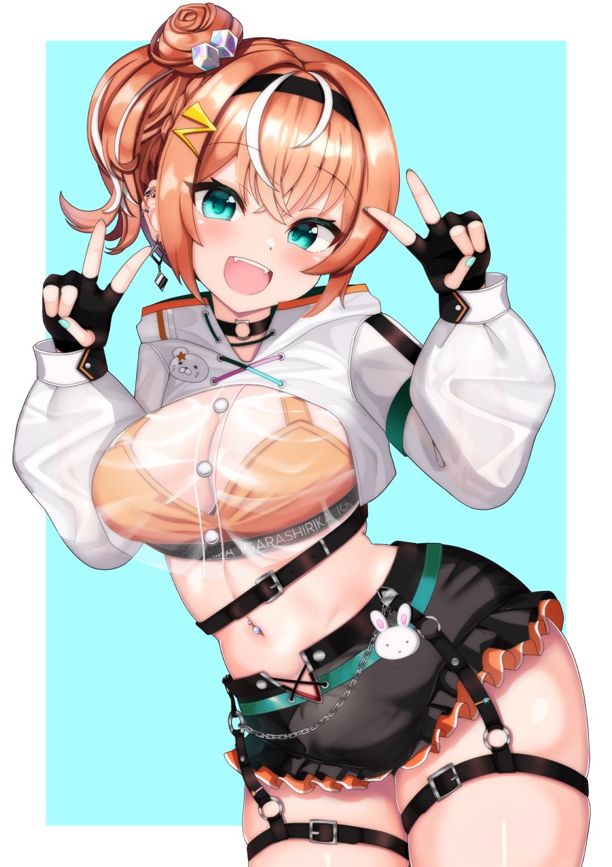 1girl, belt, black_choker, black_gloves, black_shorts, blue_eyes, breasts, buttons