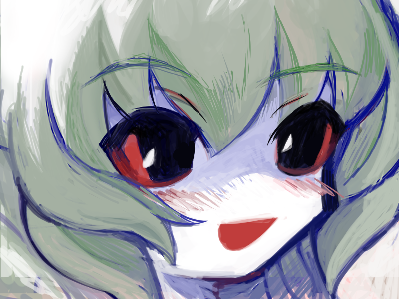 1girl, 2000s_(style), black_eyes, blush, close-up, colored_sclera, colored_skin, conja