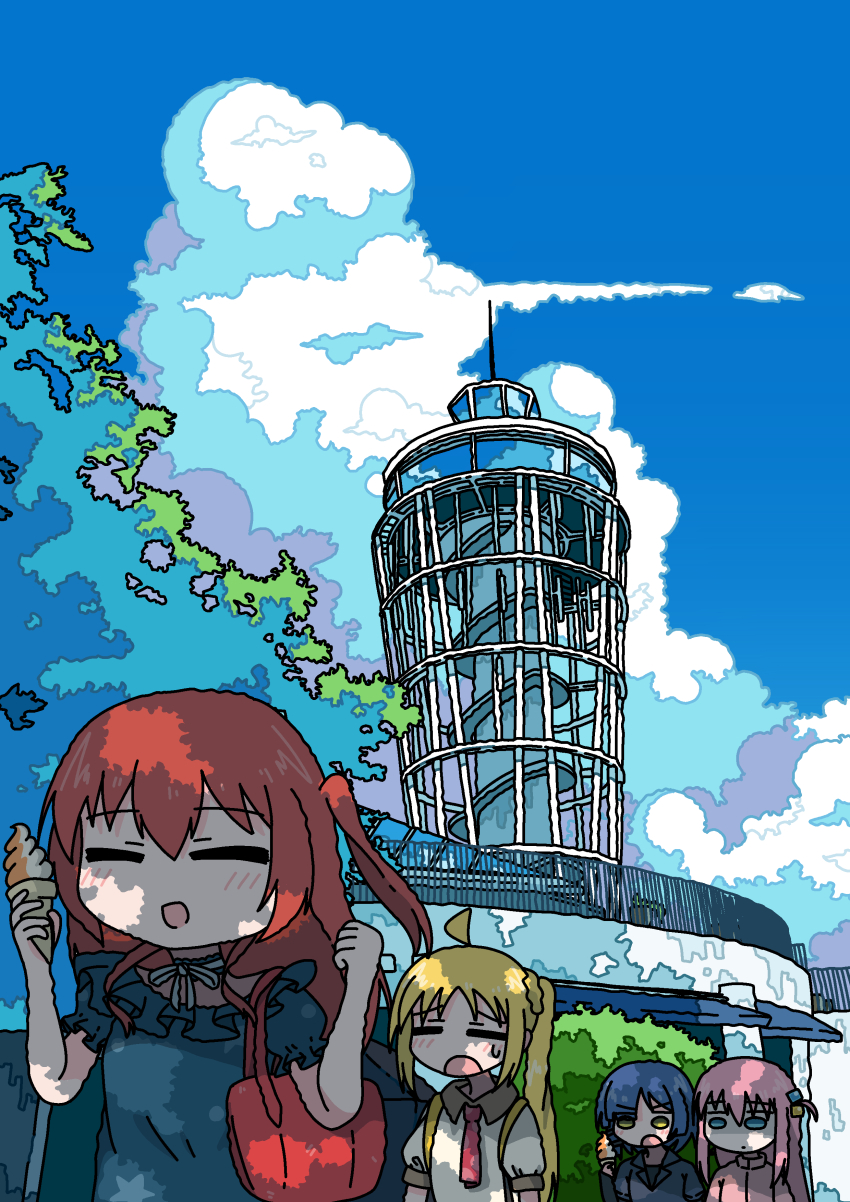 4girls, absurdres, ahoge, asymmetrical_bangs, blonde_hair, blue_dress, blue_eyes, blue_hair