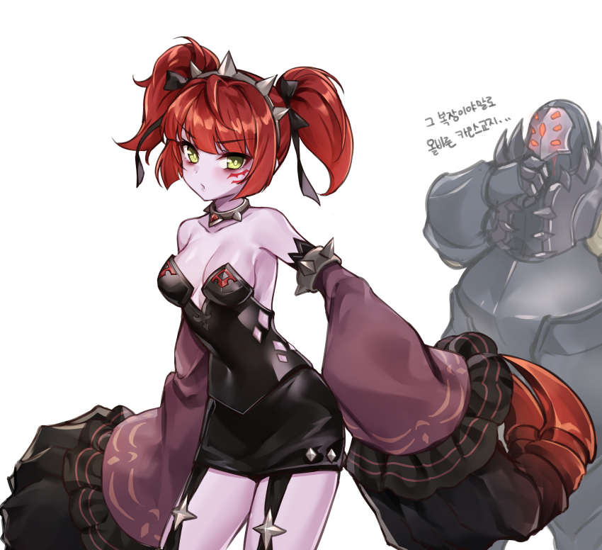 1girl, absurdres, armlet, armor, black_dress, black_ribbon, breasts, carmainerose_(epic_seven), chaos_sect_axe_(epic_seven), claws, cleavage, clothing_cutout, collar, collarbone, colored_skin, cowboy_shot, demon_girl, detached_sleeves, dress, epic_seven, facial_mark, full_armor, garter_straps, hair_ribbon, hairband, highres, jewelry, korean_commentary, korean_text, long_sleeves, makeup, metal_collar, oversized_limbs, parted_lips, petite, pink_skin, puffy_long_sleeves, puffy_sleeves, qnishi_(kyunishi), red_hair, red_sleeves, ribbon, short_dress, short_hair, short_twintails, sidelocks, sleeve_cuffs, spiked_armlet, spiked_collar, spiked_hairband, spikes, standing, strapless, strapless_dress, translation_request, twintails, white_background, yellow_eyes