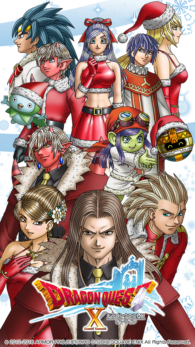 2others, 4girls, 6+boys, alvin_(dq10), aqua_eyes, aqua_hair, artist_request, bandana, black_gloves, blonde_hair, blue_eyes, blue_hair, bow, breasts, brother_and_sister, brown_eyes, brown_hair, character_request, christmas, circlet, cleavage, colored_skin, copyright_logo, crop_top, dragon_quest, dragon_quest_x, dress, dwarf_(dq10), farras_(dq10), father_and_child, father_and_daughter, father_and_son, finger_gun, floating_hair, flower, girugaran, gloves, goggles, goggles_on_headwear, gold_circlet, green_skin, grey_eyes, grin, gurie_(dq10), hair_bow, hair_bun, hair_flower, hair_ornament, hair_slicked_back, hand_on_own_chest, hat, high_ponytail, horns, husband_and_wife, jewelry, kamil_(dq10), kyururu_(dq10), large_ears, logo, long_hair, marone_(dq10), mereade, mother_and_child, mother_and_daughter, mother_and_son, multiple_boys, multiple_girls, multiple_others, navel, necklace, necktie, official_art, official_wallpaper, ogre_(dq10), orange_bandana, padre_(dq10), parent_and_child, parted_hair, pink_lips, pointy_ears, ponytail, profile, quad_(dq10), red_bow, red_gloves, red_skin, red_skirt, santa_costume, santa_dress, santa_hat, short_hair, shoulder_spikes, siblings, skirt, smile, spiked_hair, spikes, third-party_source, ulta_(dq10), yellow_eyes, yellow_necktie