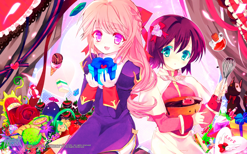 2girls, acolyte_(ragnarok_online), apple, black_cat, blue_eyes, blue_gem, blush, bowl