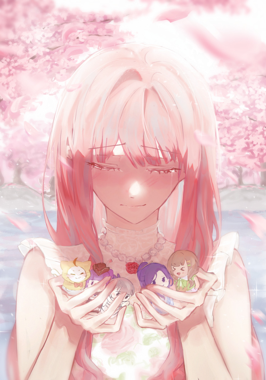 1girl, ace_(miracle_nikki), bare_arms, bare_shoulders, bead_necklace, beads, bobo_(miracle_nikki), cherry_blossoms