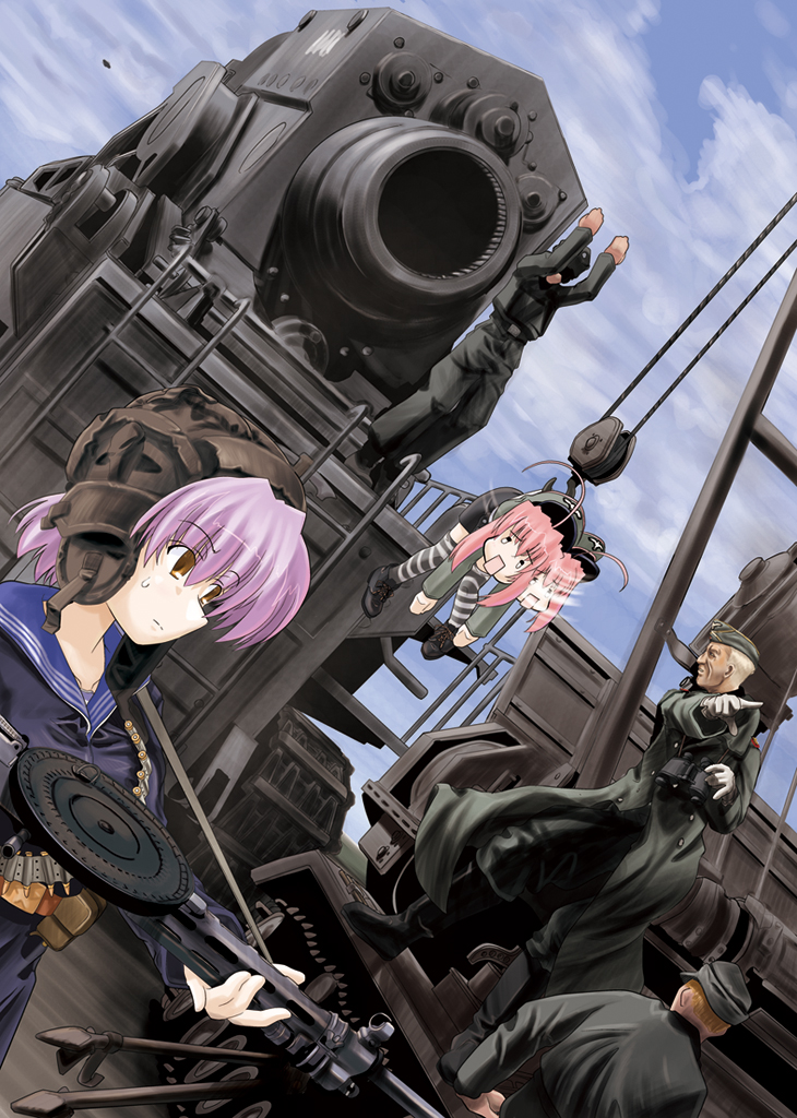 2girls, 3boys, 7.62x54mmr, ahoge, ammunition, arms_up, artillery, bauer