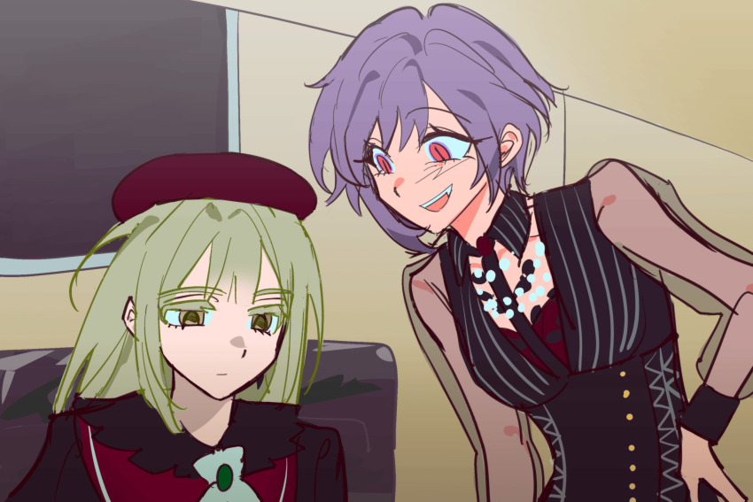 2girls, amoris_(bang_dream!), ascot, bang_dream!, bang_dream!_it's_mygo!!!!!, beret, black_vest, brooch