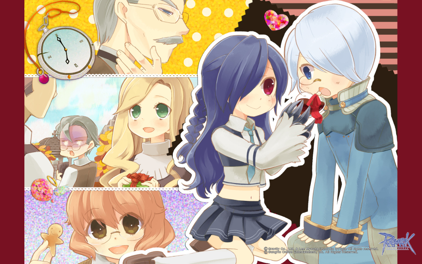 3girls, 4boys, alicel, angeling, aura_(a440), black_skirt, blue_coat, blue_eyes