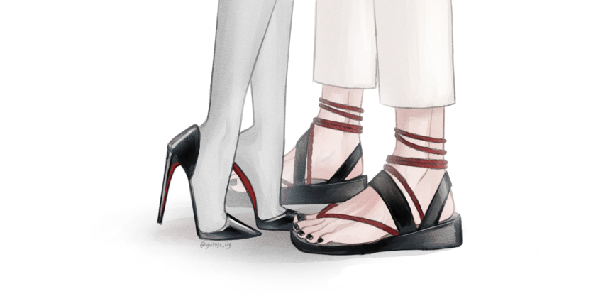 1boy, 1girl, anklet, black_nails, colored_skin, commentary, feet, feet_only, foot_focus, grey_skin, hetero, high_heels, highres, jewelry, lower_body, milady_(yui930), nail_polish, nijisanji, nijisanji_en, original, sandals, signature, stiletto_heels, toenail_polish, toenails, virtual_youtuber, vox_akuma, yui930