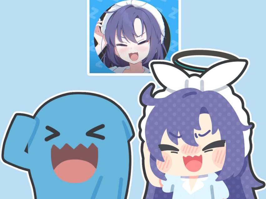 1girl, blue_archive, blue_background, blue_pajamas, blue_shirt, blush, dojikko_pose, facing_viewer, gen_2_pokemon, hairband, halo, inset, kinubari_nerune, long_hair, looking_at_viewer, mechanical_halo, nintendo, nose_blush, official_alternate_costume, open_mouth, pajamas, pokemon, pokemon_(creature), purple_hair, shirt, upper_body, wavy_mouth, white_hairband, wobbuffet, yuuka_(blue_archive), yuuka_(pajamas)_(blue_archive)