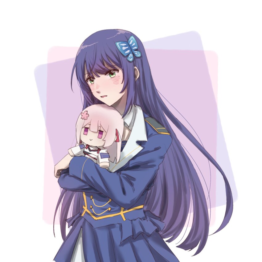 1girl, :>, assault_lily, bing_bushi_ganmao_ling_z, blue_jacket, blue_skirt, blush, braid