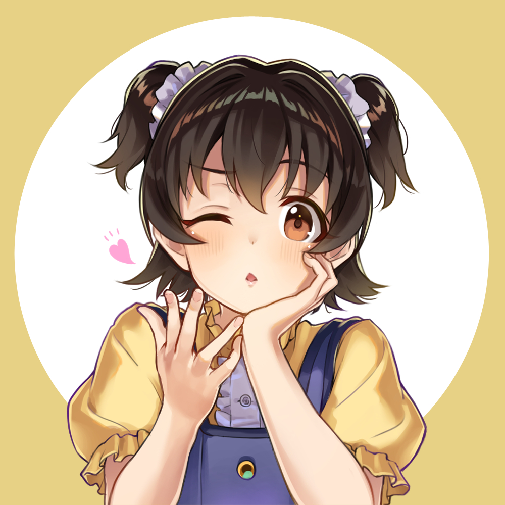 1girl, ;o, akagi_miria, black_hair, blowing_kiss, blue_dress, blush, center_frills