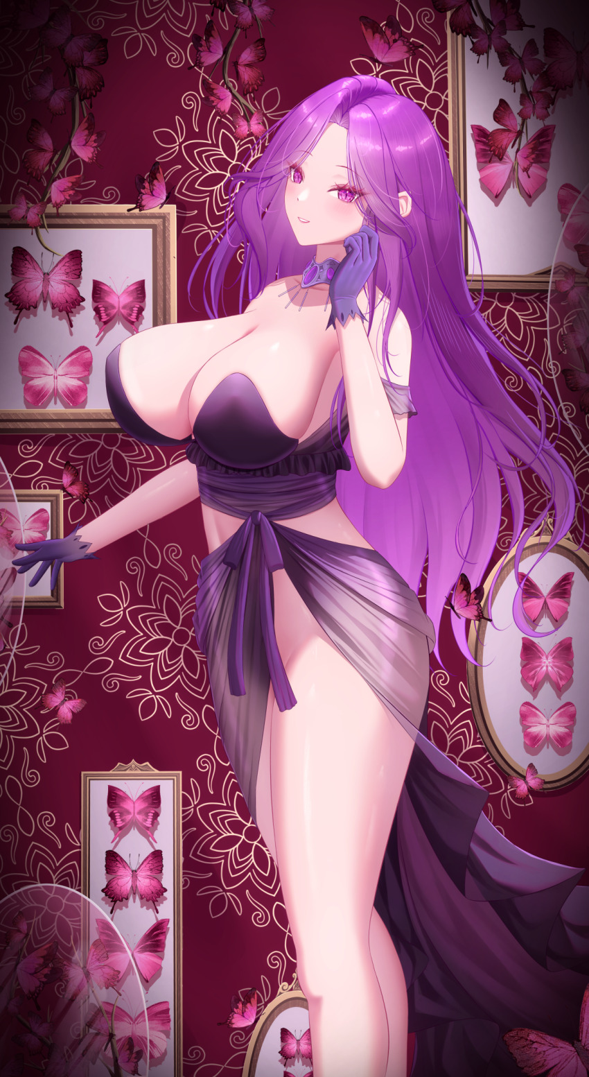 1girl, bare_shoulders, breasts, bug, butterfly, cleavage, collarbone, commission