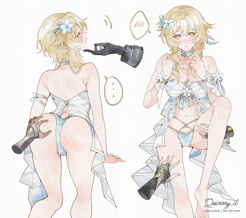 ..., 1girl, absurdres, alhaitham_(genshin_impact), all_fours, bikini, blonde_hair, blush