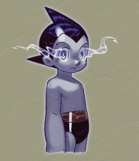 1boy, android, atom_(tetsuwan_atom), black_hair, black_male_underwear, briefs, bright_pupils, cowboy_shot, cropped_legs, expressionless, eye_trail, glowing, glowing_eyes, light_frown, light_trail, looking_at_viewer, male_focus, male_underwear, short_hair, solo, spiked_hair, tetsuwan_atom, topless_male, underwear, white_pupils, xxsky64xx