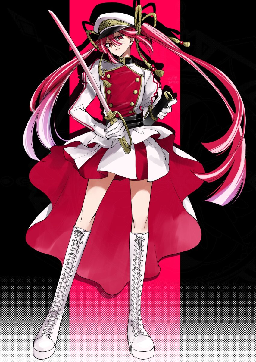1girl, 62kaeru, aiguillette, boots, buttons, epaulettes, full_body, hair_between_eyes, hat, highres, holding, holding_sword, holding_weapon, jacket, katana, layered_skirt, long_bangs, long_hair, magical_girl, mahou_shoujo_dandelion, military_hat, military_jacket, multicolored_jacket, peaked_cap, peony_(mahou_shoujo_dandelion), red_eyes, red_hair, red_jacket, sheath, skirt, solo, sword, twintails, two-tone_jacket, unsheathed, very_long_hair, weapon, white_boots, white_hat, white_jacket