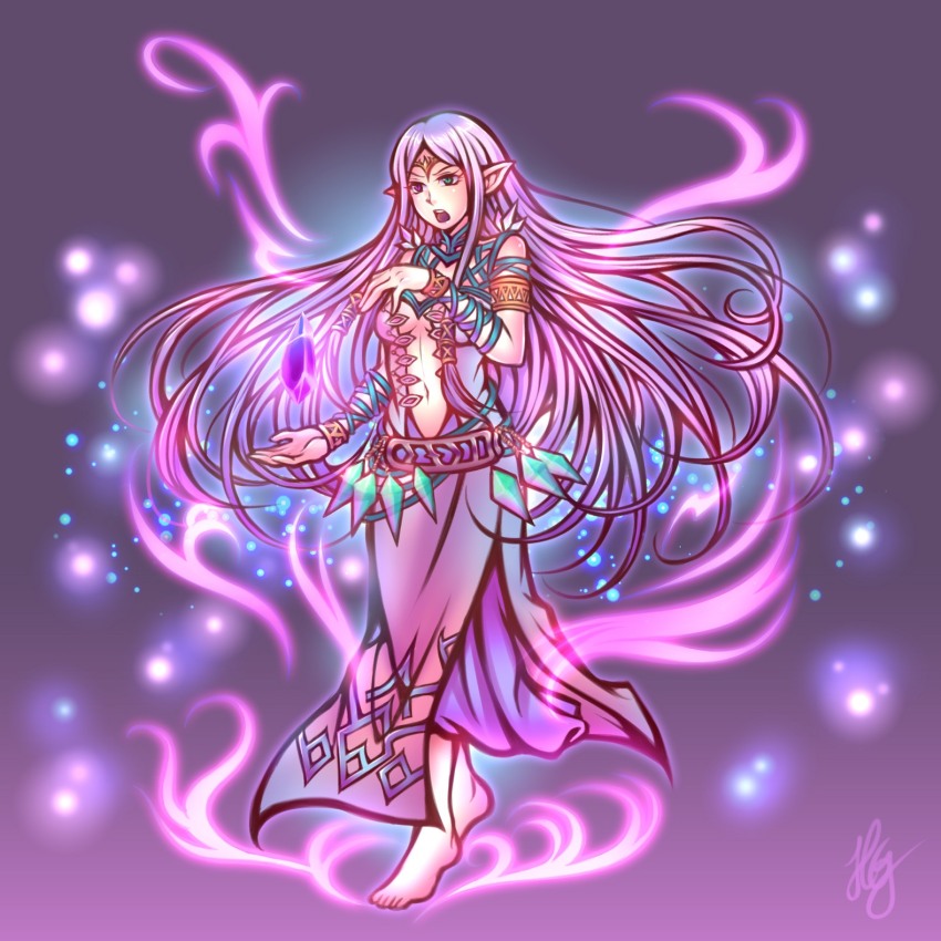 1girl, alternate_costume, armlet, aura, barefoot, bracelet, breasts, center_opening