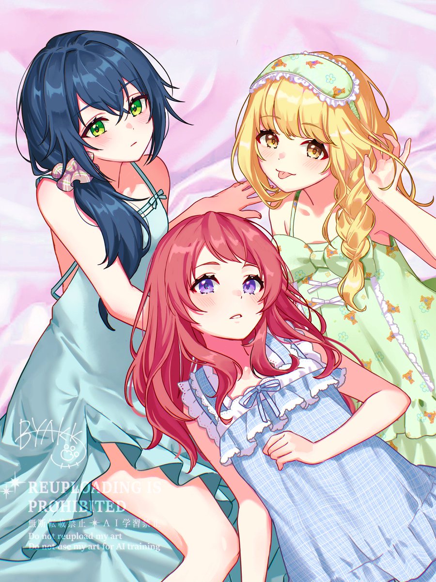 3girls, :p, alternate_costume, bed_sheet, blonde_hair, blush, braid, byakko_creator, collarbone, commentary_request, fujita_kotone, gakuen_idolmaster, hair_over_shoulder, hanami_saki, highres, idolmaster, looking_at_viewer, mask, mask_on_head, multiple_girls, red_hair, sleep_mask, sleepwear, tongue, tongue_out, tsukimura_temari, watermark