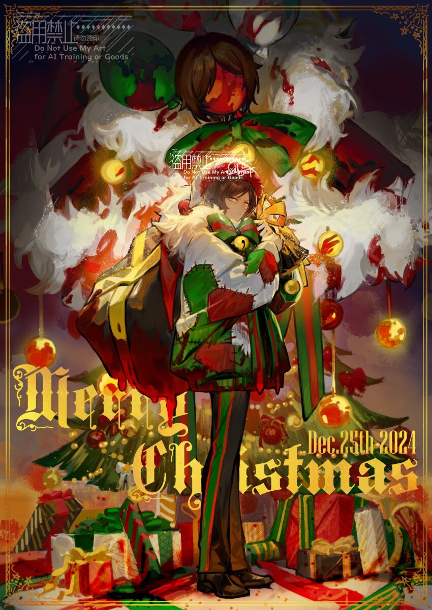 1girl, absurdres, black_pants, blood, blood_on_clothes, blood_on_face, bow, bowtie