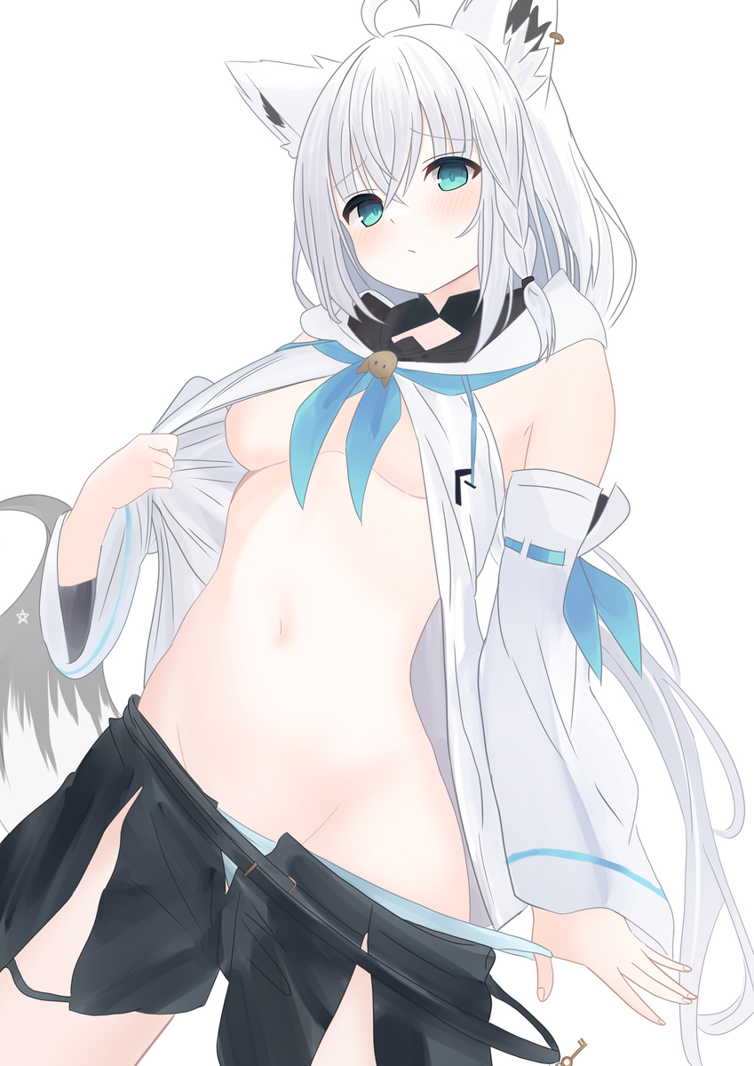 1girl, animal_ears, breasts, clothes_pull, fox_ears, fox_girl, highres, hololive