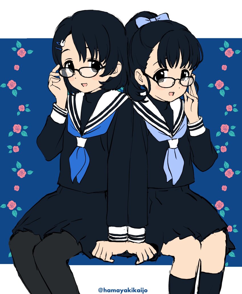 2girls, adjusting_eyewear, black_eyes, black_hair, black_skirt, flower, fukuyama_mai, glasses
