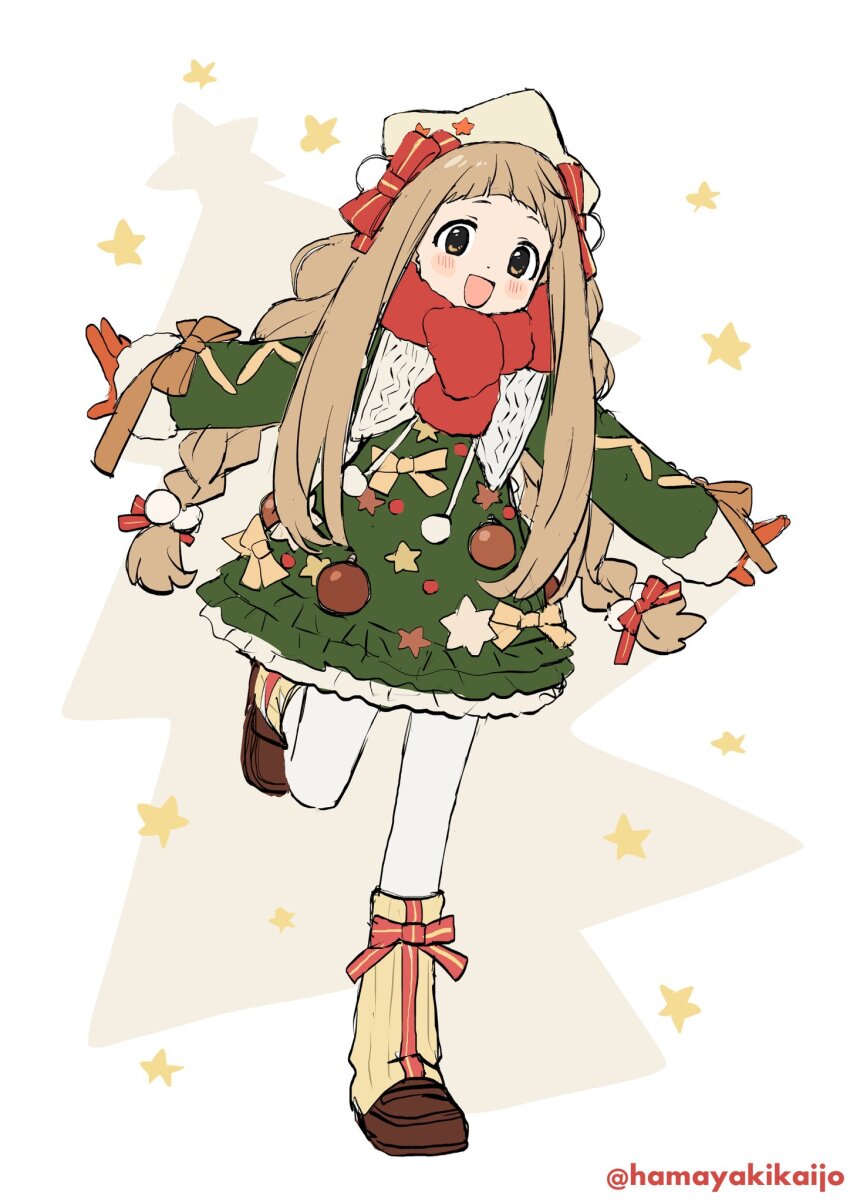 1girl, :d, blush, bow, braid, brown_eyes, brown_footwear, brown_hair