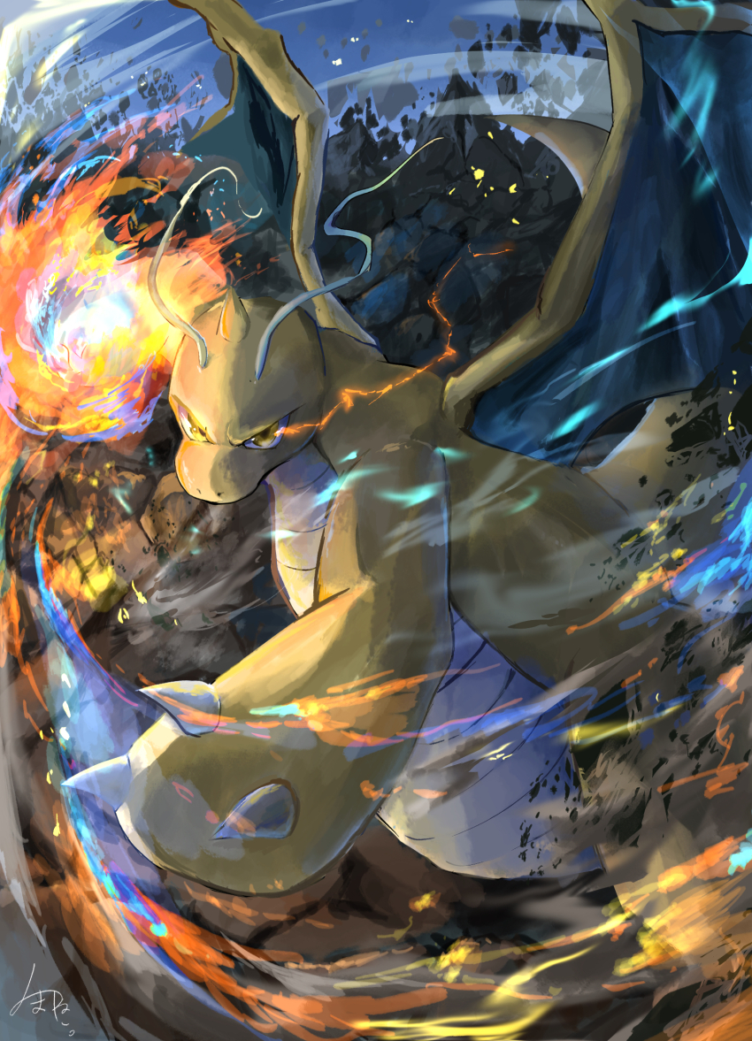 animal_focus, attack, claws, colored_skin, commentary_request, debris, dragon_wings, dragonite, ekaki_panda, fire, fire_punch_(pokemon), gen_1_pokemon, highres, horns, nintendo, no_humans, orange_skin, pokemon, pokemon_(creature), pokemon_focus, pokemon_move, signature, single_horn, tail, v-shaped_eyes, wind, wings, yellow_eyes