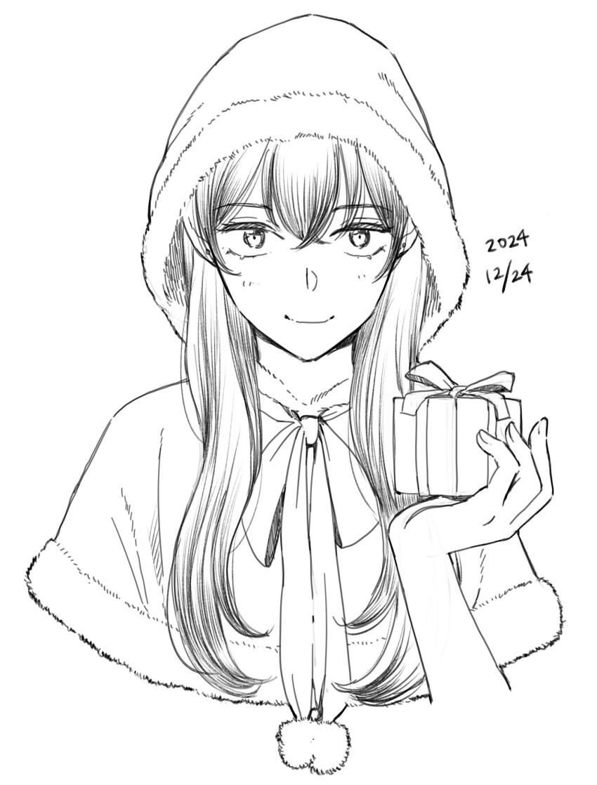 1girl, akiyama_haru, dated, gift, greyscale, highres, holding, holding_gift