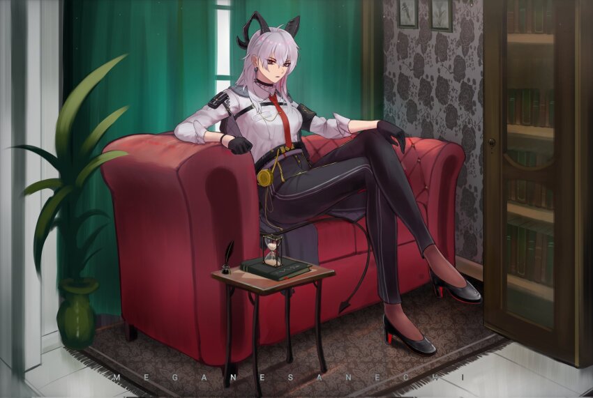 1girl, arm_on_knee, arm_pouch, armband, artist_name, black_armband, black_choker, black_gloves