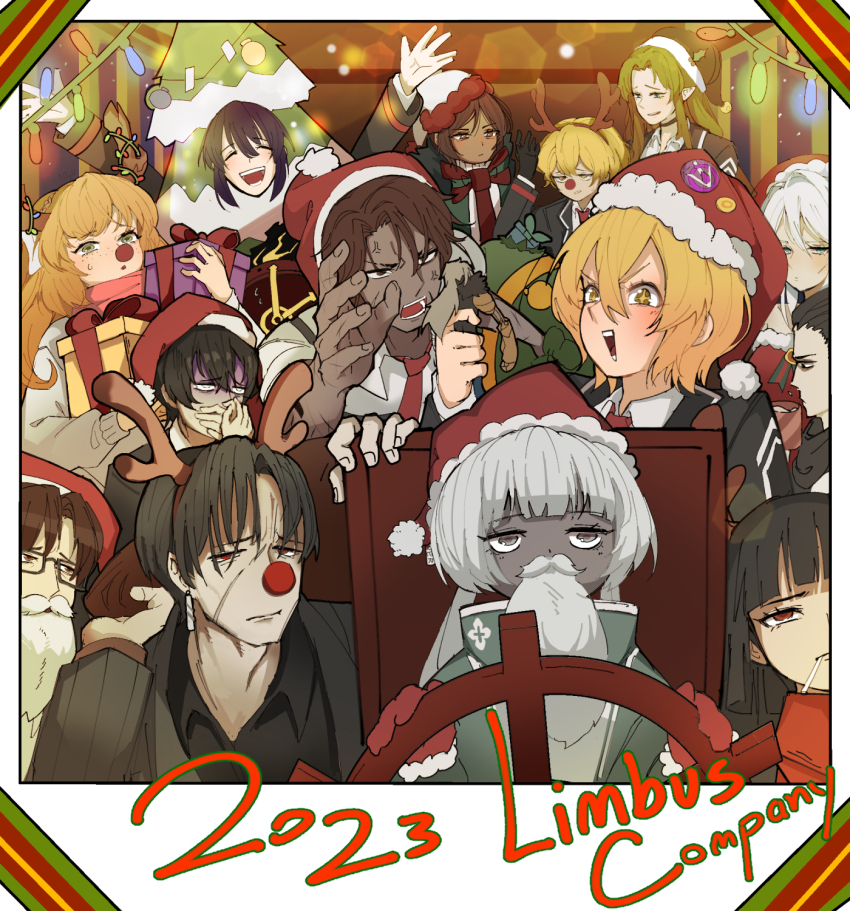 1other, 6+boys, 6+girls, anger_vein, antlers, arms_up, bearded_girl, black_hair