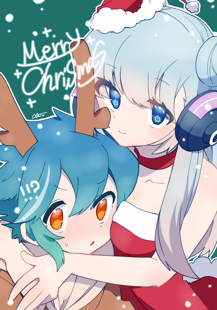 1boy, 1girl, antlers, aqua_hair, behind-the-head_headphones, blue_eyes, blue_hair, chiyoko_(oman1229)
