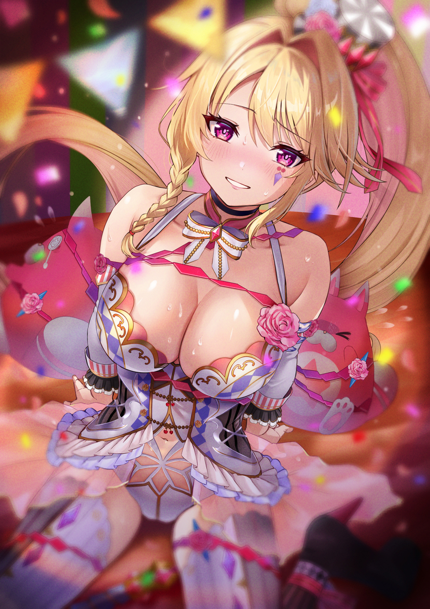 1girl, blonde_hair, bow, bowtie, braid, breasts, cleavage, clothing_cutout