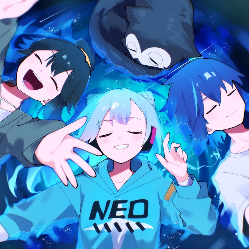 1boy, 2girls, absurdres, aqua_hair, behind-the-head_headphones, blue_eyes, blue_hair, closed_mouth