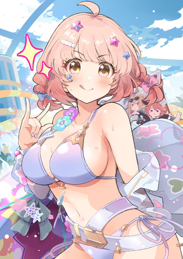 1girl, 3girls, ahoge, bare_shoulders, beads, bikini, blonde_hair, braid