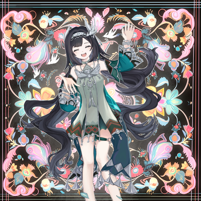 1girl, :d, black_hair, closed_eyes, dress, facing_viewer, flower, genshin_impact, green_dress, hair_ornament, hairband, highres, jewelry, jiangyan61154, lan_yan_(genshin_impact), long_hair, open_mouth, patterned_background, silver_hairband, smile, solo, standing, thigh_strap, very_long_hair
