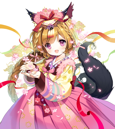 1girl, animal_ears, bad_id, bad_pixiv_id, blonde_hair, braid, cherrypin, female_focus, flower, hanbok, happy, kkoli_leul_chaj-ajwo!, korean_clothes, long_hair, multiple_tails, original, park_wolhwa, petals, purple_eyes, ribbon, solo, tail