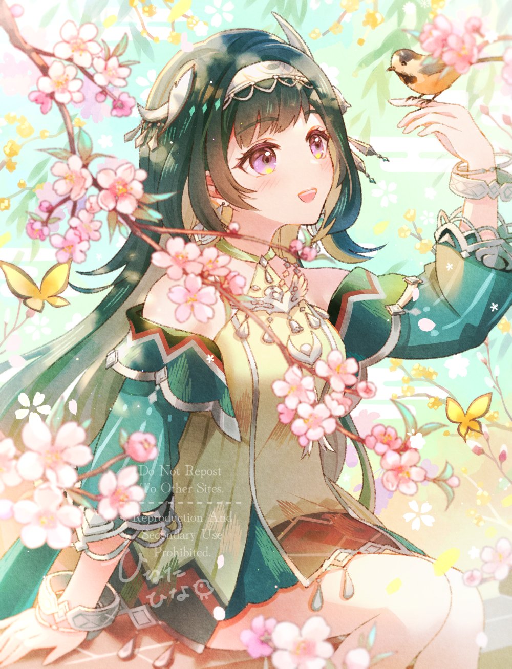 1girl, :d, bare_shoulders, bird, bird_on_hand, black_hair, book, bracelet, branch, bug, butterfly, detached_sleeves, dress, earrings, english_text, flower, genshin_impact, green_dress, green_hair, hair_ornament, hairband, highres, hina_cassiopeia, insect, jewelry, lan_yan_(genshin_impact), long_hair, open_mouth, peach_blossom, purple_eyes, sitting, skirt, smile, solo, watermark, willow