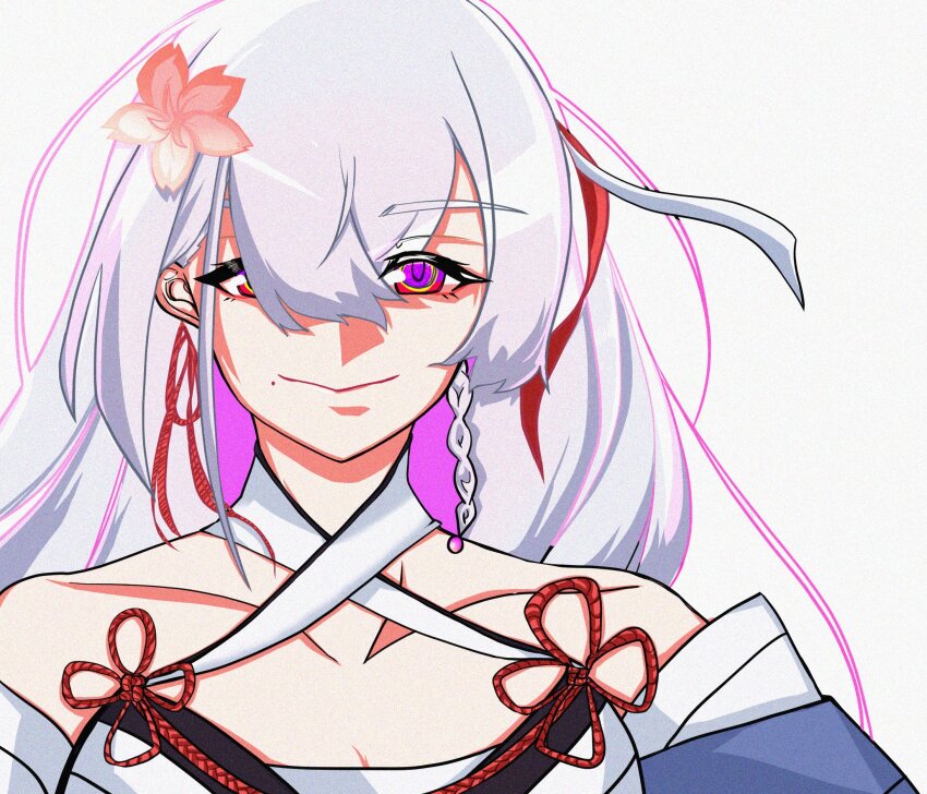 1girl, assault_lily, bare_shoulders, braid, breasts, cleavage, closed_mouth, collarbone, commentary, criss-cross_halter, detached_sleeves, flower, flower_knot, funada_ui, grey_background, grey_hair, hair_between_eyes, hair_flower, hair_ornament, hair_over_one_eye, halterneck, highres, japanese_clothes, kimono, kurokuazu, long_hair, looking_at_viewer, medium_breasts, mole, mole_under_eye, multicolored_eyes, pink_flower, purple_eyes, red_eyes, red_ribbon, ribbon, side_braid, simple_background, single_braid, solo, untranslatable_commentary, tassel, tassel_hair_ornament, upper_body, white_kimono, white_ribbon