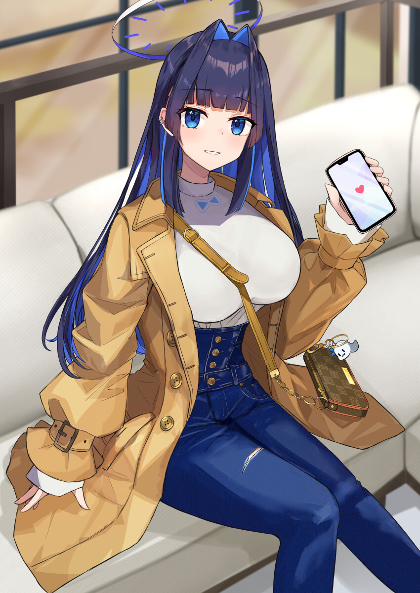 1girl, absurdres, bag, blue_eyes, blue_hair, blunt_bangs, coat, commentary