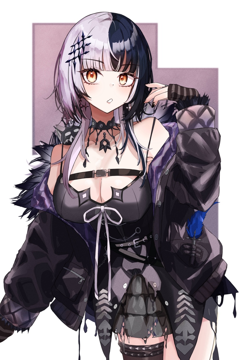 1girl, absurdres, bare_shoulders, black_coat, black_hair, black_skirt, border, breasts