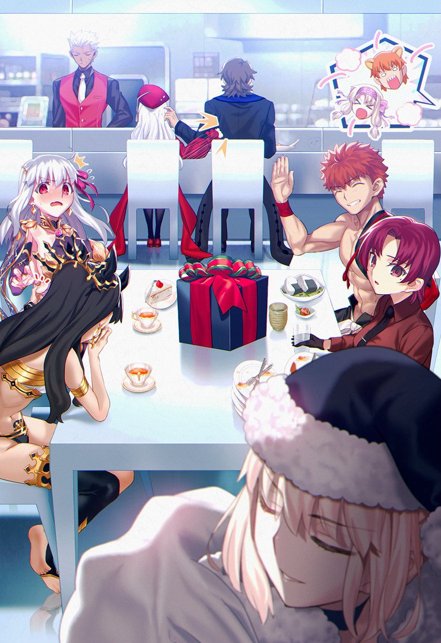 3boys, 6+girls, aora, archer_(fate), archer_(mister_red_gadget)_(fate), armlet, armor, artoria_pendragon_(fate), bare_shoulders, bazett_fraga_mcremitz, beret, bikini, bikini_armor, black_dress, black_gloves, black_hair, black_hat, black_necktie, black_pantyhose, black_suit, black_thighhighs, blonde_hair, blush, box, bracelet, breasts, cake, caren_hortensia, caren_hortensia_(amor_caren)_(second_ascension), closed_eyes, collar, collared_shirt, cup, detached_sleeves, dress, dress_shirt, earrings, emiya_shirou, fate/grand_order, fate_(series), food, formal_clothes, fur-trimmed_headwear, fur_trim, gift, gift_box, gloves, gold_trim, grigori_rasputin_(fate), grin, hair_ribbon, hat, highres, hoop_earrings, igote, ishtar_(fate), jaguarman_(fate), jewelry, kama_(assassin)_(second_ascension)_(fate), kama_(fate), kama_(second_ascension)_(fate), kama_(teenager)_(fate), kotomine_kirei, large_breasts, long_hair, long_sleeves, manannan_mac_lir_(first_ascension)_(fate), medium_breasts, metal_collar, mismatched_bikini, mole, mole_under_eye, multiple_boys, multiple_girls, necktie, onigiri, open_mouth, orange_hair, pantyhose, parted_bangs, pinching, plate, punching, purple_dress, purple_sleeves, red_dress, red_eyes, red_hair, red_hat, red_shirt, red_vest, ribbon, saber_alter, santa_alter, santa_hat, senji_muramasa_(fate), shawl, shirt, short_hair, sidelocks, single_detached_sleeve, single_thighhigh, sitonai_(fate), smile, stirrup_legwear, stole, suit, swimsuit, table, teacup, thighhighs, tiara, toeless_legwear, two_side_up, vest, white_hair, yellow_eyes
