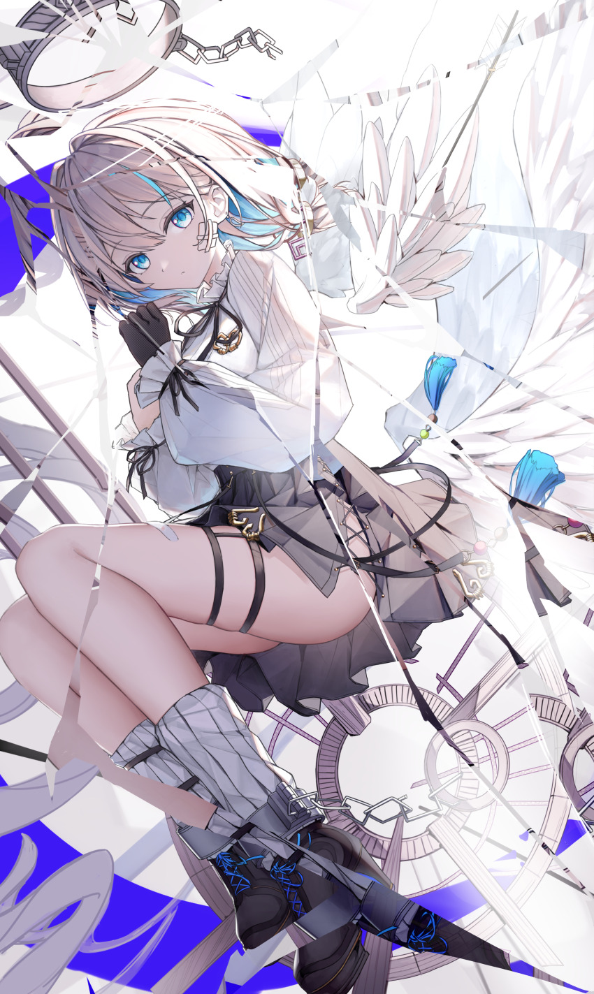 1girl, absurdres, angel_wings, arcaea, ass, bandaid, black_boots, black_gloves, blue_eyes, boots, breasts, broken_glass, brown_skirt, character_request, compassion_(arcaea), cuffs, full_body, glass, gloves, highres, looking_at_viewer, looking_to_the_side, medium_breasts, no_panties, shackles, shirt, skirt, socks, solo, thigh_strap, white_background, white_hair, white_shirt, white_socks, wings, xy_wang