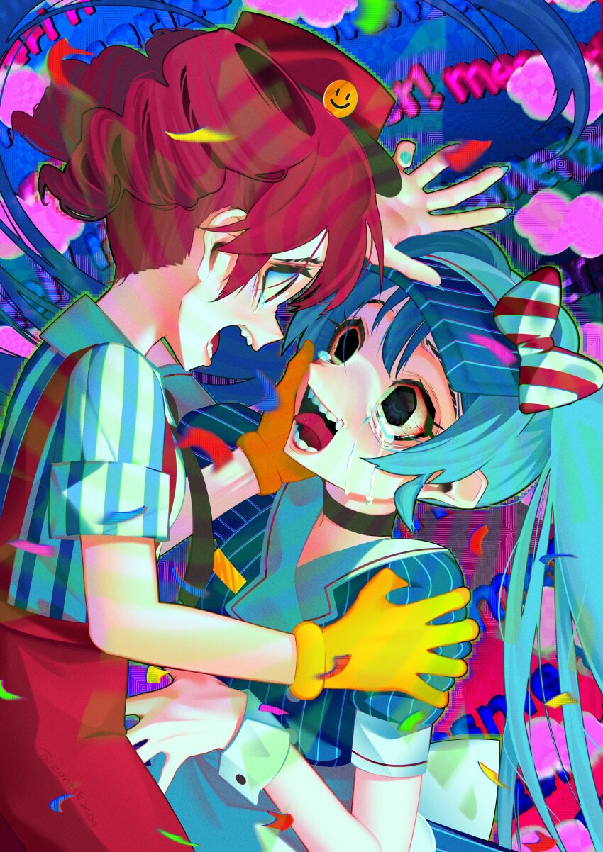 absurdres, black_choker, black_eyes, blue_dress, bow, choker, collared_shirt, crying