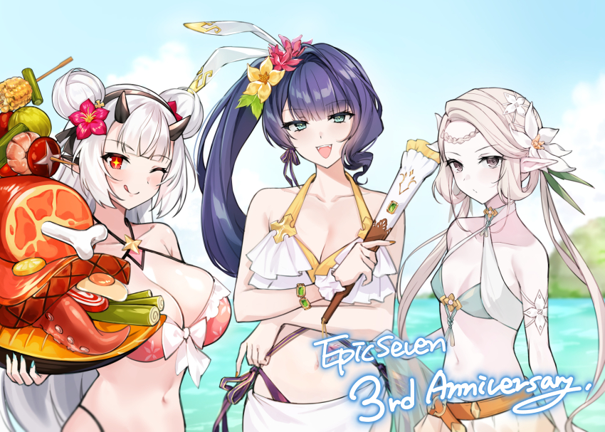 3girls, :d, aqua_bikini, aqua_eyes, aqua_nails, beach, bellona_(epic_seven), belt