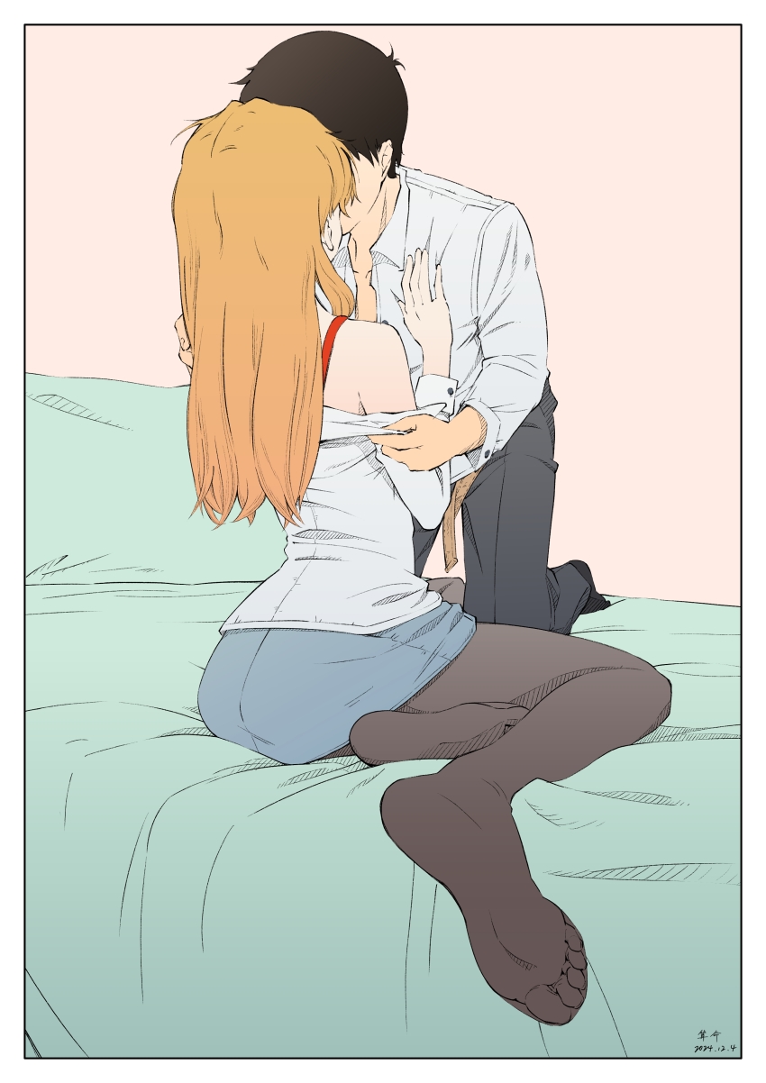 1boy, 1girl, absurdres, bare_shoulders, barefoot, bed, black_hair, black_pants, black_pantyhose, black_socks, blue_skirt, bra, bra_strap, collarbone, couple, dress_shirt, green_blanket, green_pillow, hand_on_another's_arm, hand_on_another's_chest, highres, ikari_shinji, kiss, long_hair, looking_at_another, miniskirt, neon_genesis_evangelion, on_bed, orange_hair, pants, pantyhose, partially_undressed, red_bra, shirt, skirt, socks, souryuu_asuka_langley, sun_nim, unbuttoned, unbuttoned_shirt, underwear, undressing_another, white_shirt