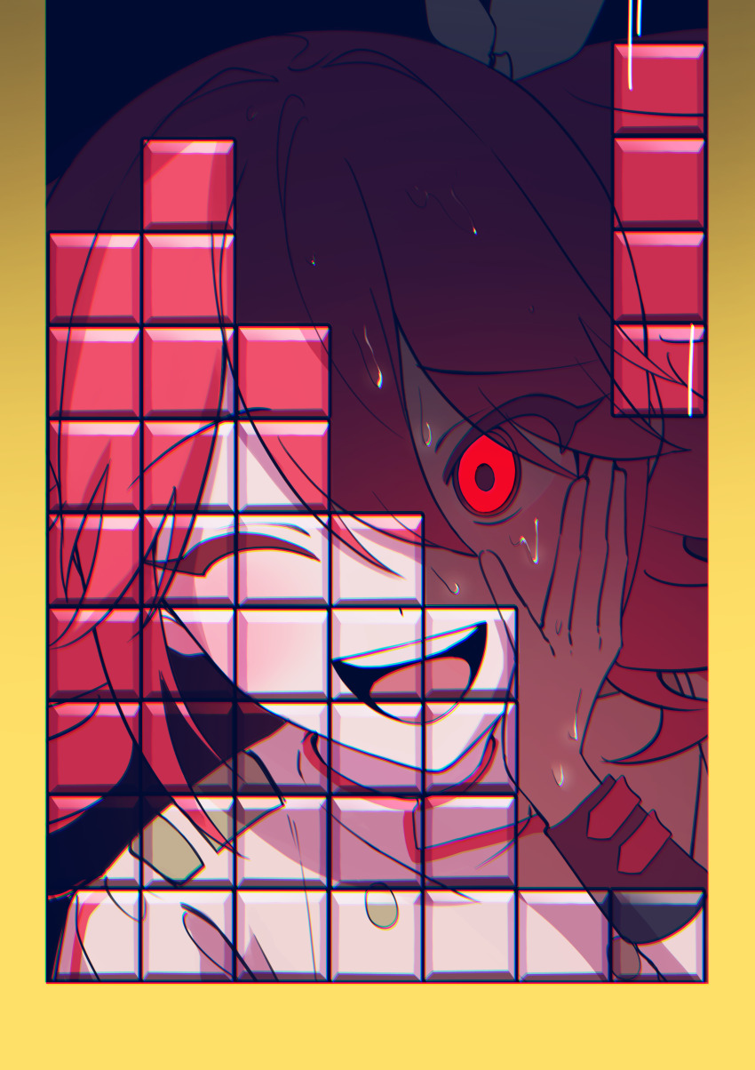 1girl, absurdres, block_(object), bow, crazy_smile, drill_hair, glowing, glowing_eye