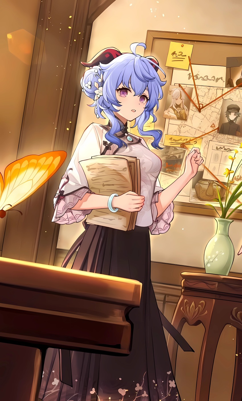1girl, absurdres, ahoge, alternate_costume, alternate_hairstyle, bad_source, bag, black_skirt, blue_hair, book, bracelet, breasts, bug, butterfly, chinese_clothes, flower, ganyu_(genshin_impact), genshin_impact, hair_bun, hair_flower, hair_ornament, highres, holding, horns, indoors, insect, jade_bracelet, jewelry, long_hair, long_skirt, looking_at_viewer, mamianqun, ningguang_(genshin_impact), orchid, paper, parted_lips, purple_eyes, republic_of_china_school_uniform, school_uniform, shirt, sideburns, sidelocks, siya_ho, skirt, solo, standing, vase, wide_sleeves, xiao_(genshin_impact)